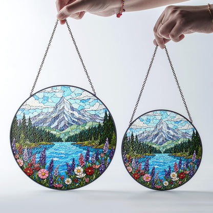 Mountain Lake View Suncatcher Stained Glass Style Window Decor Gift for Nature Lovers