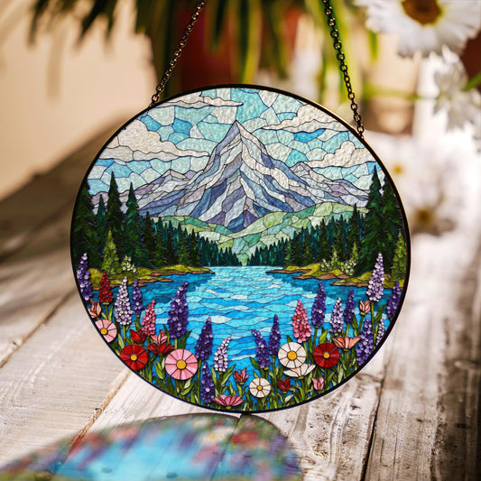 Mountain Lake View Suncatcher Stained Glass Style Window Decor Gift for Nature Lovers