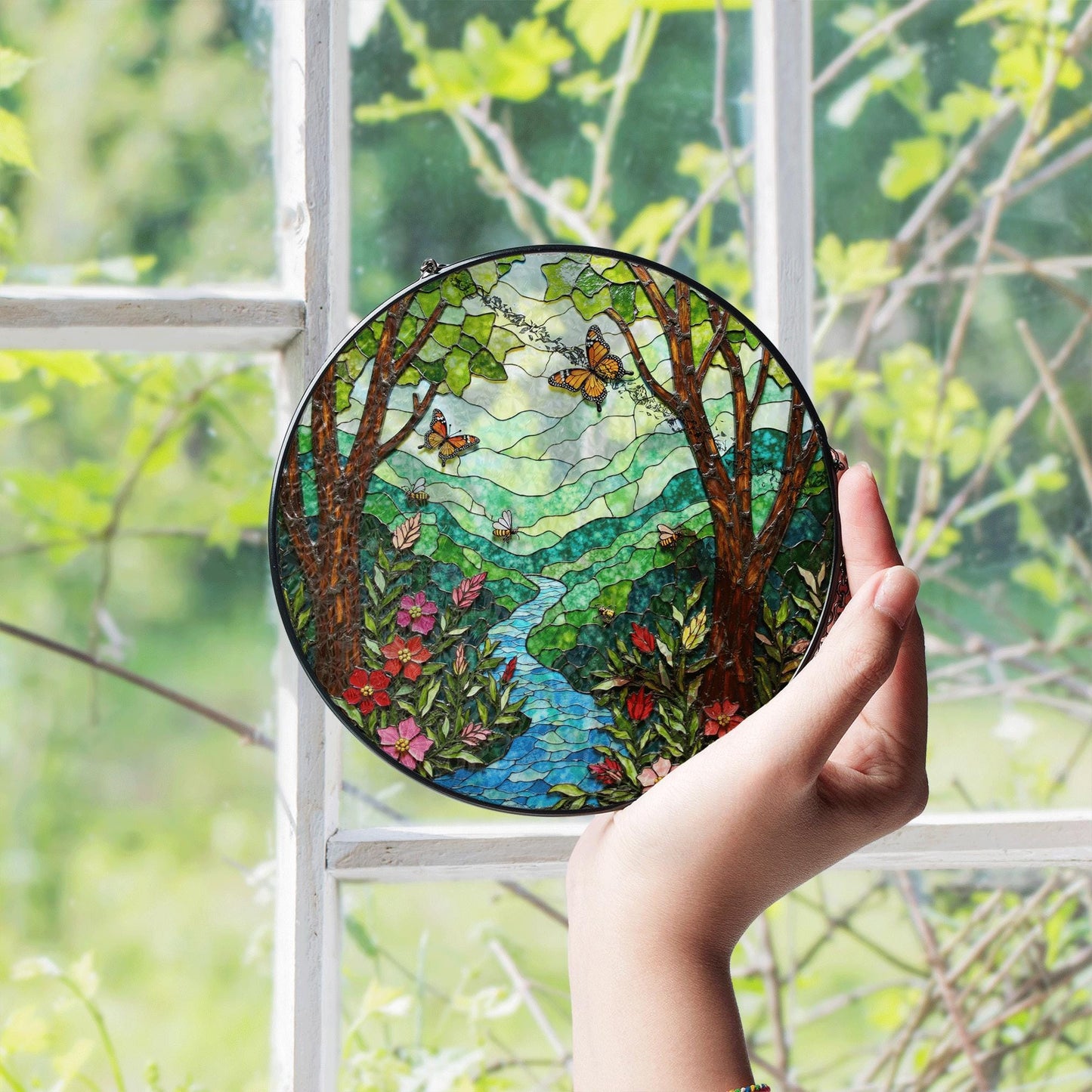 Butterfly Forest River View Nature Suncatcher Glass Window Art Gift for Nature Lovers