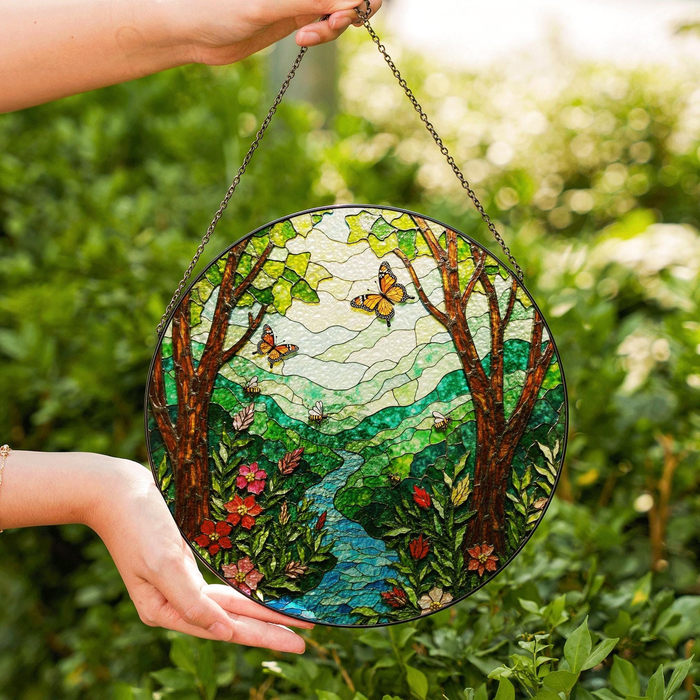 Butterfly Forest River View Nature Suncatcher Glass Window Art Gift for Nature Lovers