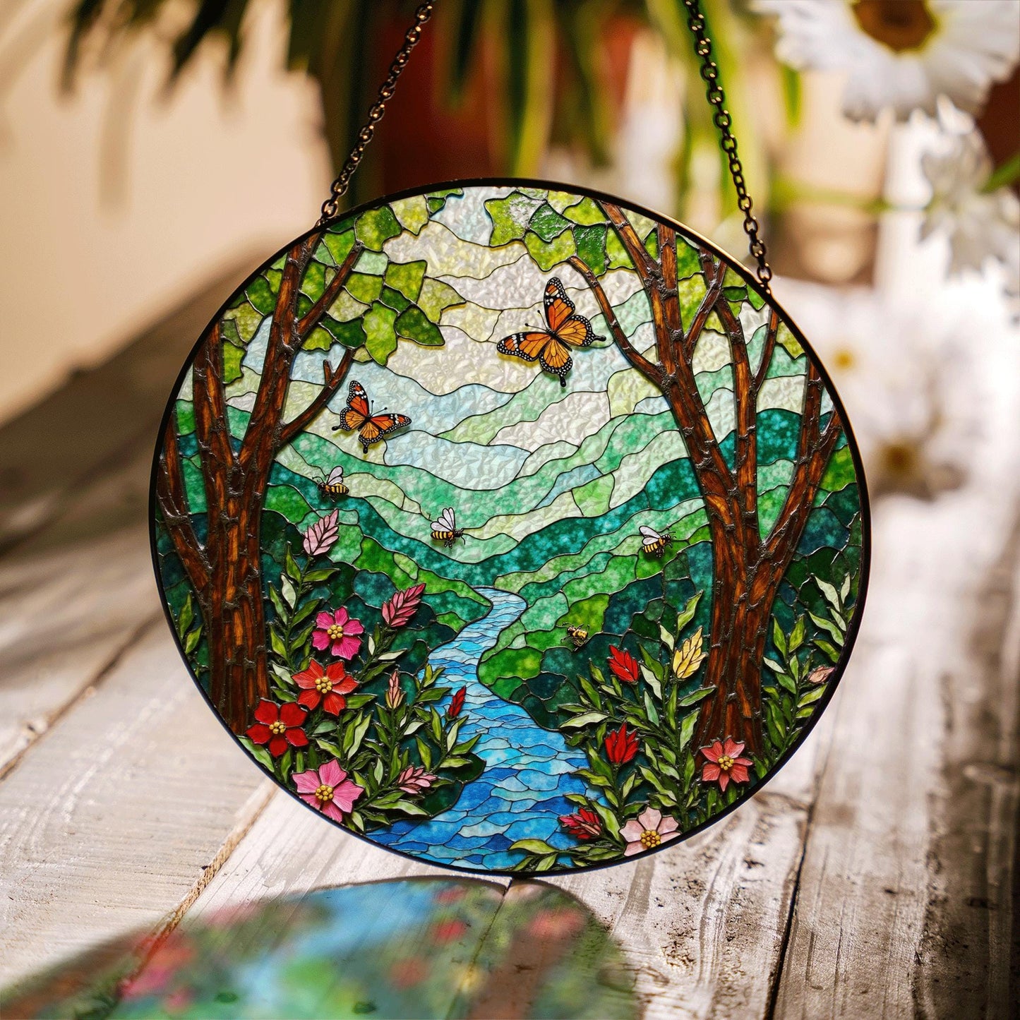 Butterfly Forest River View Nature Suncatcher Glass Window Art Gift for Nature Lovers