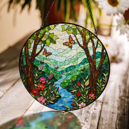 Butterfly Forest River View Nature Suncatcher Glass Window Art Gift for Nature Lovers