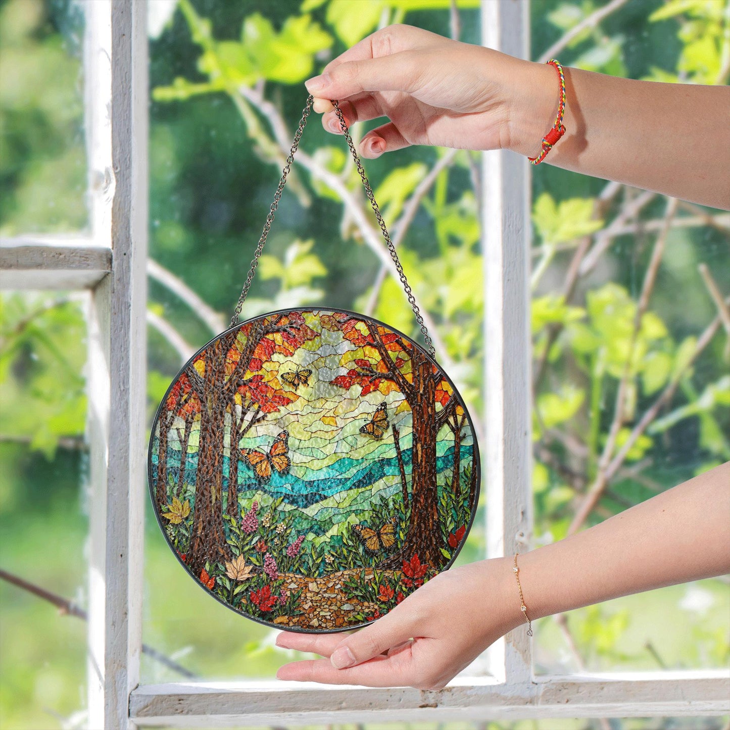 monarch butterfly forest path suncatcher vibrant stained glass decor for nature lover gift