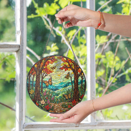 monarch butterfly forest path suncatcher vibrant stained glass decor for nature lover gift