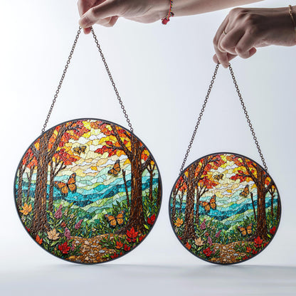 monarch butterfly forest path suncatcher vibrant stained glass decor for nature lover gift