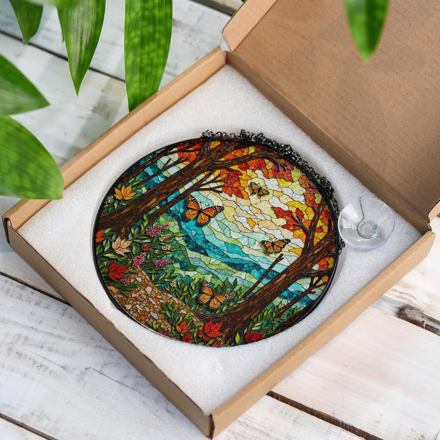 monarch butterfly forest path suncatcher vibrant stained glass decor for nature lover gift