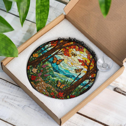 monarch butterfly forest path suncatcher vibrant stained glass decor for nature lover gift