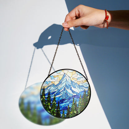 Mountain Pine Forest Scene Stained Glass Suncatcher Gift for Nature Lover