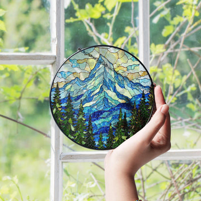 Mountain Pine Forest Scene Stained Glass Suncatcher Gift for Nature Lover