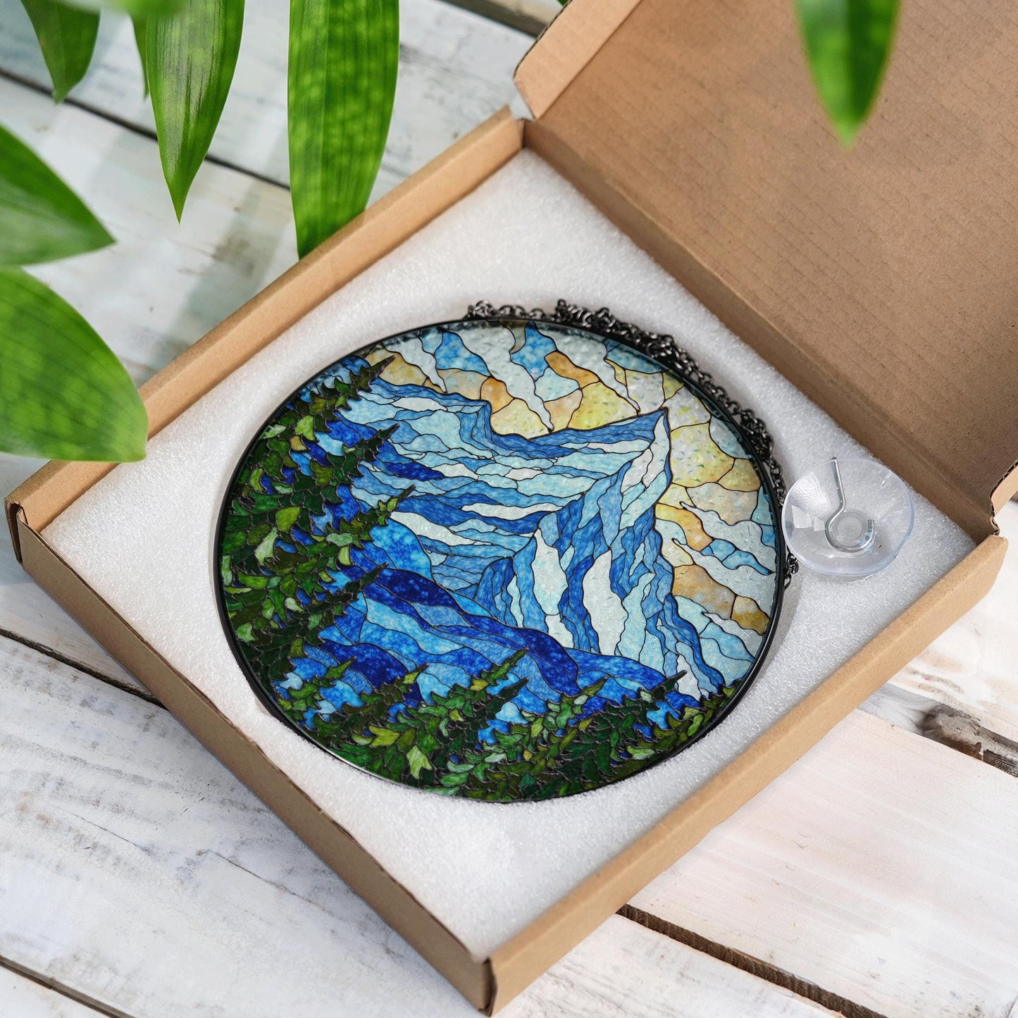 Mountain Pine Forest Scene Stained Glass Suncatcher Gift for Nature Lover