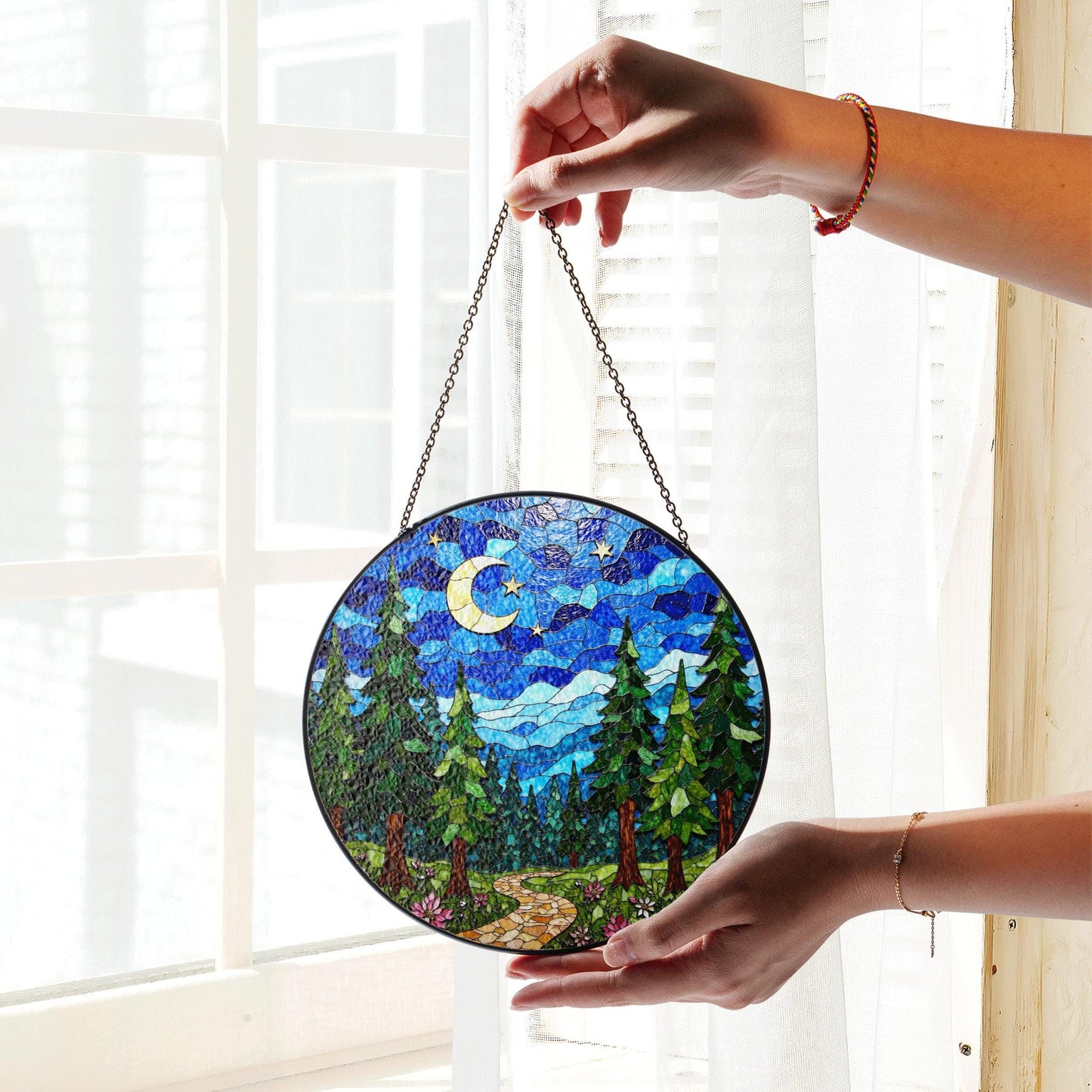 Crescent Moon Forest Night Suncatcher Window Decor Gift for Nature Lover
