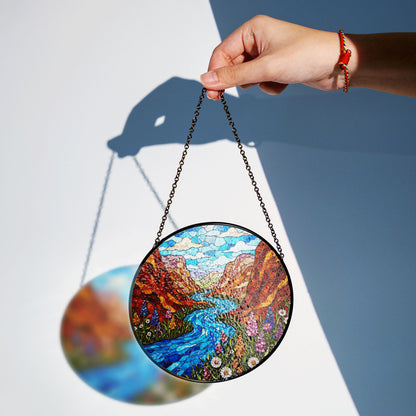 Canyon river wildflower valley suncatcher stained glass window gift for outdoor lovers