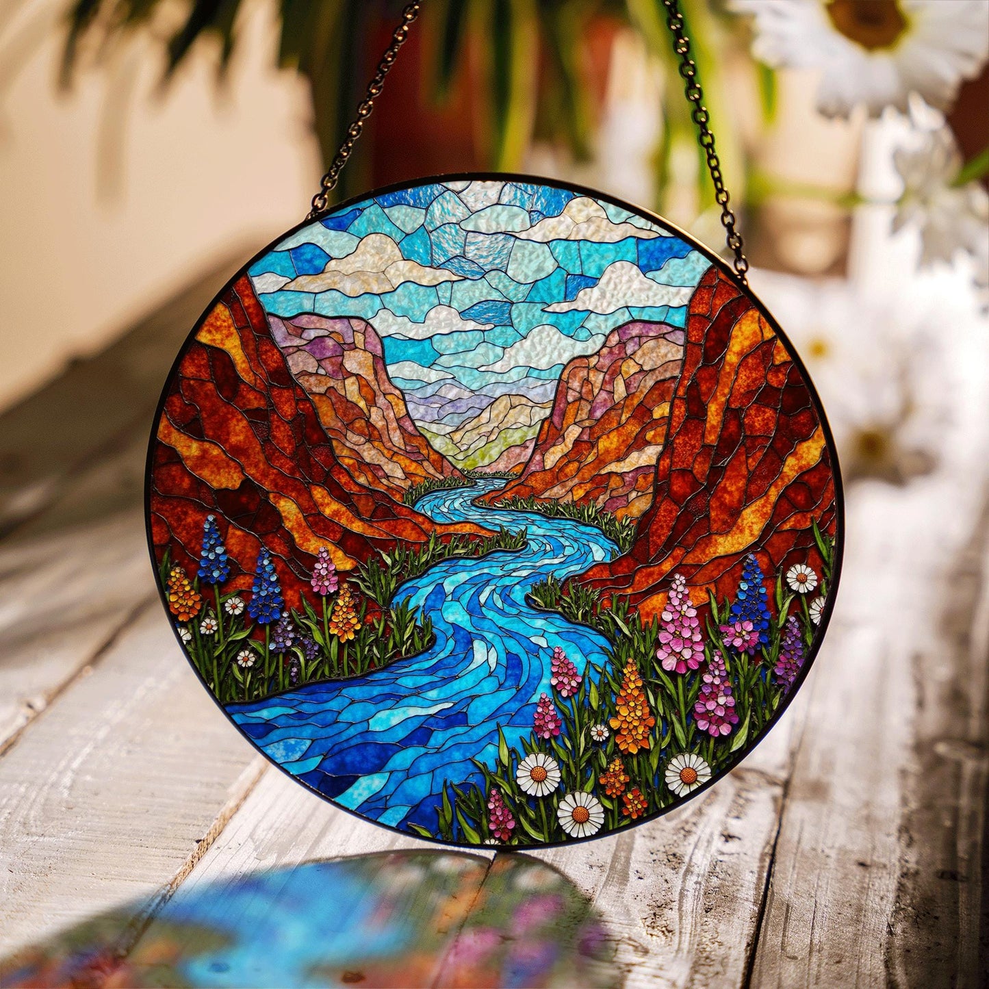 Canyon river wildflower valley suncatcher stained glass window gift for outdoor lovers