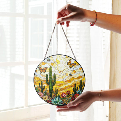 desert cactus butterfly scene stained glass suncatcher handmade sun catcher gift for mom