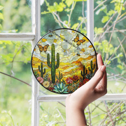 desert cactus butterfly scene stained glass suncatcher handmade sun catcher gift for mom