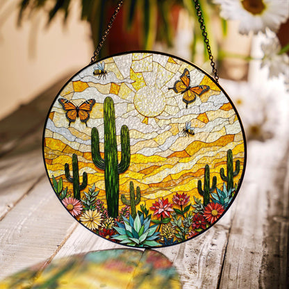 desert cactus butterfly scene stained glass suncatcher handmade sun catcher gift for mom