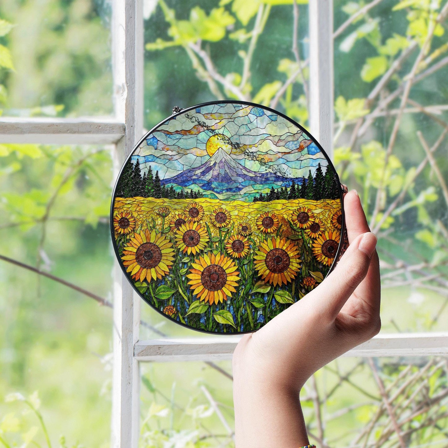 Sunflower Field Mountain Landscape Suncatcher Handmade Glass Window Decor Gift for Mom