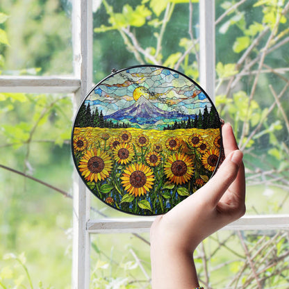 Sunflower Field Mountain Landscape Suncatcher Handmade Glass Window Decor Gift for Mom