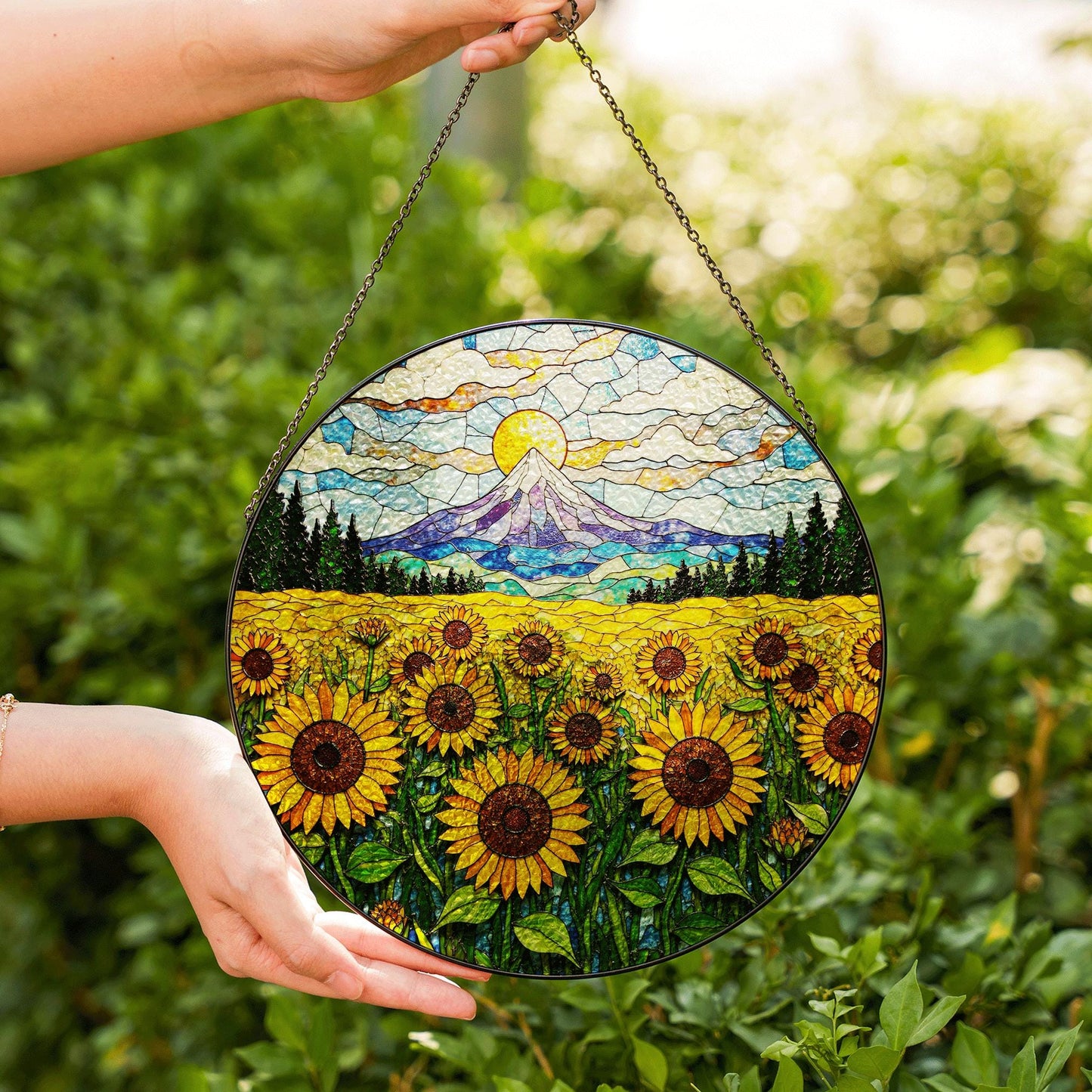 Sunflower Field Mountain Landscape Suncatcher Handmade Glass Window Decor Gift for Mom