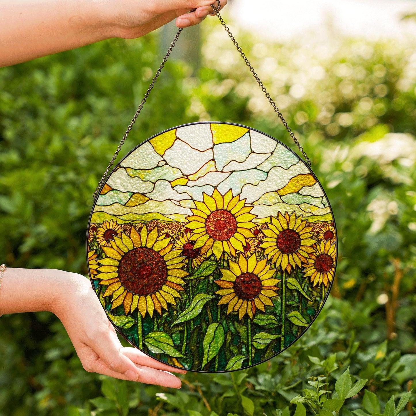 Sunflower Field Glass Art Sun Catcher Stained Glass Window Decor Gift for Mom or Nature Lover