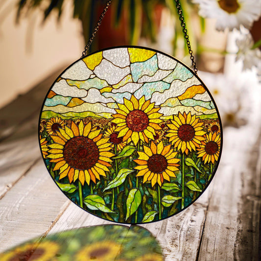 Sunflower Field Glass Art Sun Catcher Stained Glass Window Decor Gift for Mom or Nature Lover