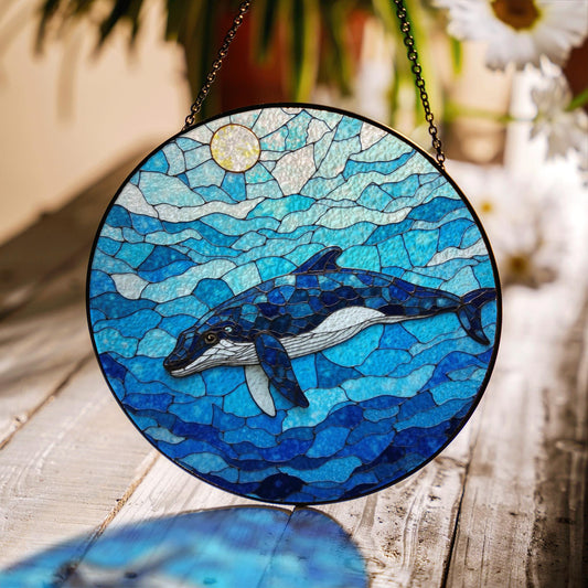 Whale Swimming in Ocean Blue Round Stained Glass Suncatcher Gift for Ocean Lovers