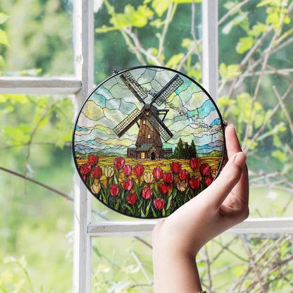 Dutch windmill tulip field stained glass window hanging floral suncatcher gift for mom