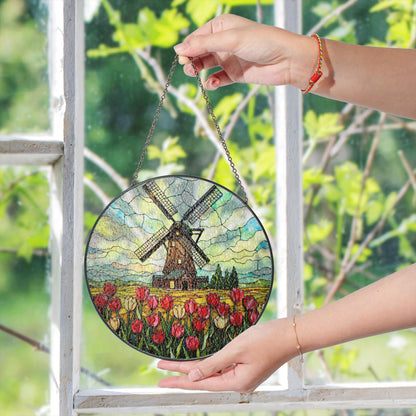Dutch windmill tulip field stained glass window hanging floral suncatcher gift for mom