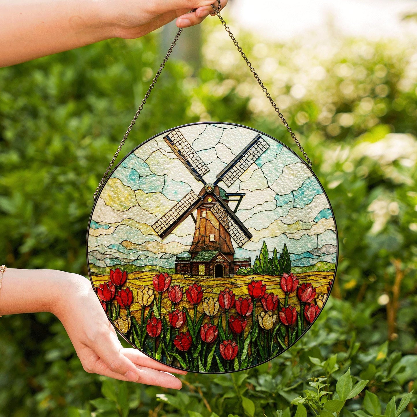 Dutch windmill tulip field stained glass window hanging floral suncatcher gift for mom