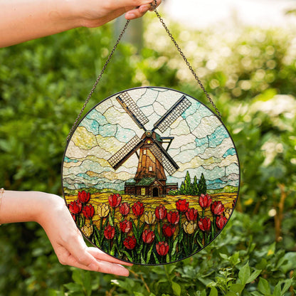 Dutch windmill tulip field stained glass window hanging floral suncatcher gift for mom