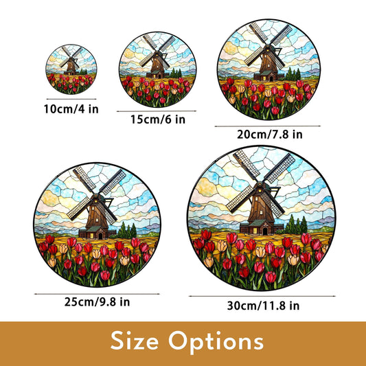 Dutch windmill tulip field stained glass window hanging floral suncatcher gift for mom