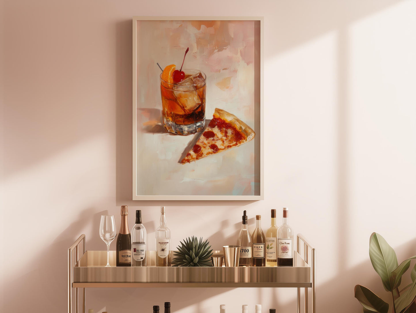 Old Fashioned Cocktail with Pizza Slice Art Print | Cute Quirky Whimsical | Cocktail Bar Cart Decor | Pizza Art Gift | Trendy Home Wall Art