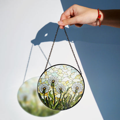 Stained Glass Dandelion Field Round Suncatcher Window Decor Gift for Garden Lover