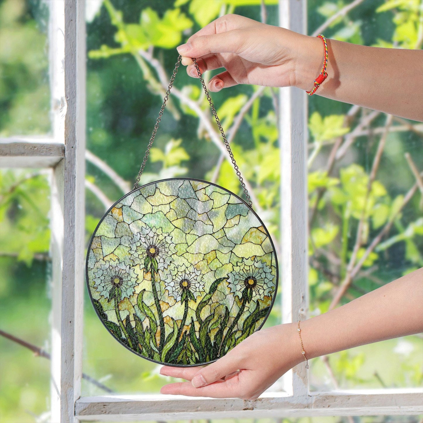 Stained Glass Dandelion Field Round Suncatcher Window Decor Gift for Garden Lover