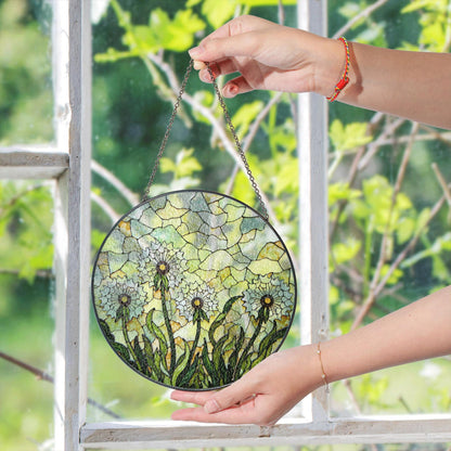 Stained Glass Dandelion Field Round Suncatcher Window Decor Gift for Garden Lover