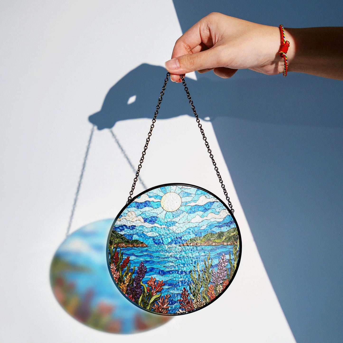 moonlit lake view stained glass window suncatcher mountain landscape art gift for mom