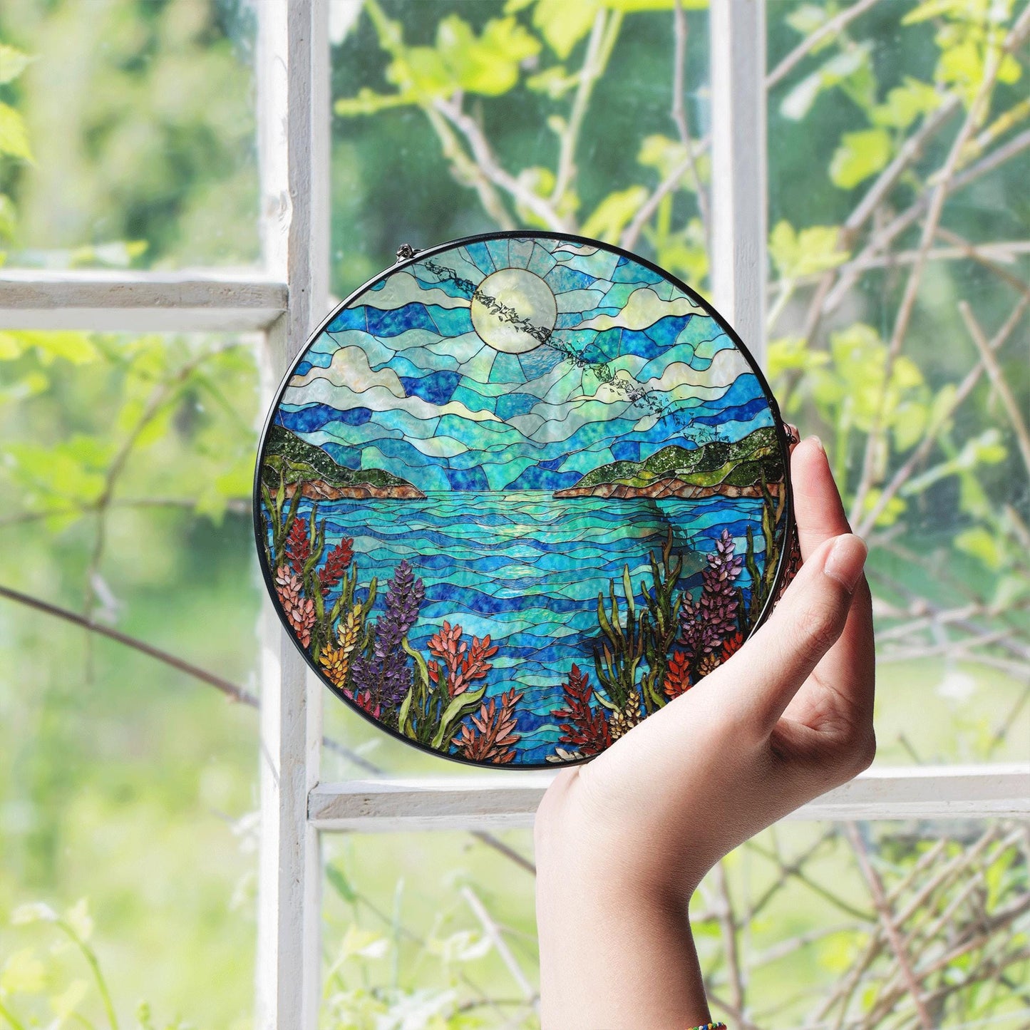 moonlit lake view stained glass window suncatcher mountain landscape art gift for mom