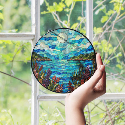moonlit lake view stained glass window suncatcher mountain landscape art gift for mom