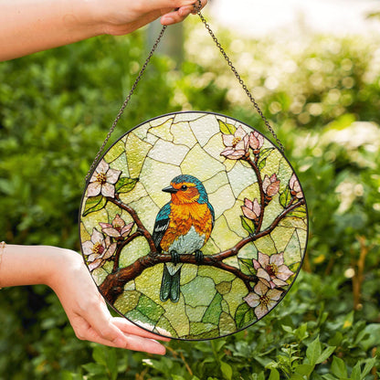 Bluebird on blooming branch round glass suncatcher nature window decor gift for mom