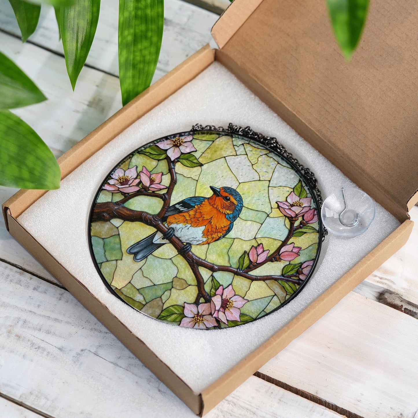 Bluebird on blooming branch round glass suncatcher nature window decor gift for mom
