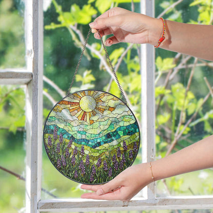 Lavender Field Mountain View Stained Glass Suncatcher Window Art Gift for Nature Lover