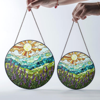 Lavender Field Mountain View Stained Glass Suncatcher Window Art Gift for Nature Lover