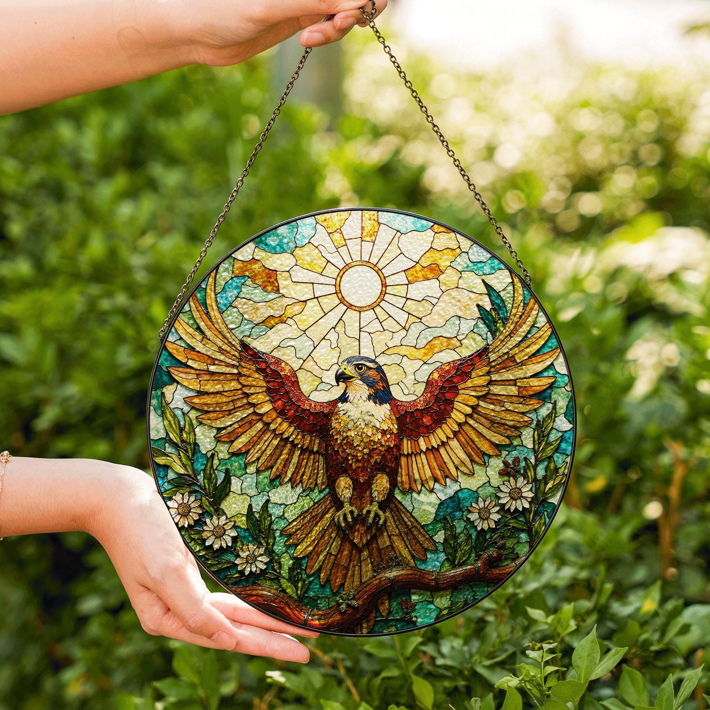 Majestic eagle floral glass suncatcher stained window hanging gift for nature lover