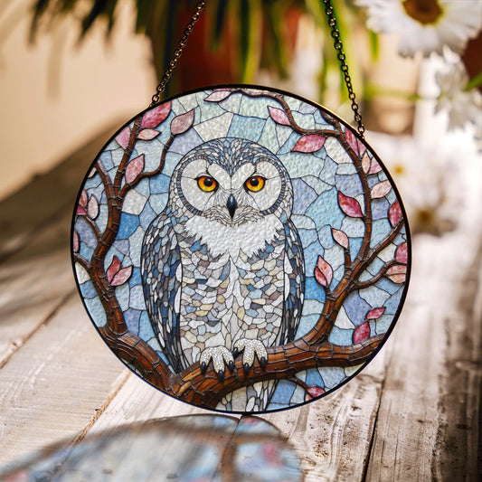 Stained Glass Owl Tree Branch Suncatcher Window Hanging Nature Decor Gift for Bird Lover