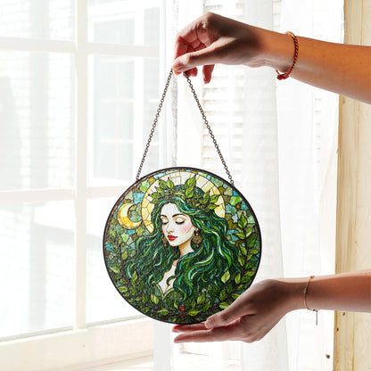 Green Leaf Goddess Suncatcher Stained Glass Forest Fairy Window Art Gift for Nature Lover Mom