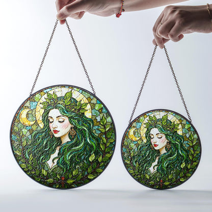 Green Leaf Goddess Suncatcher Stained Glass Forest Fairy Window Art Gift for Nature Lover Mom