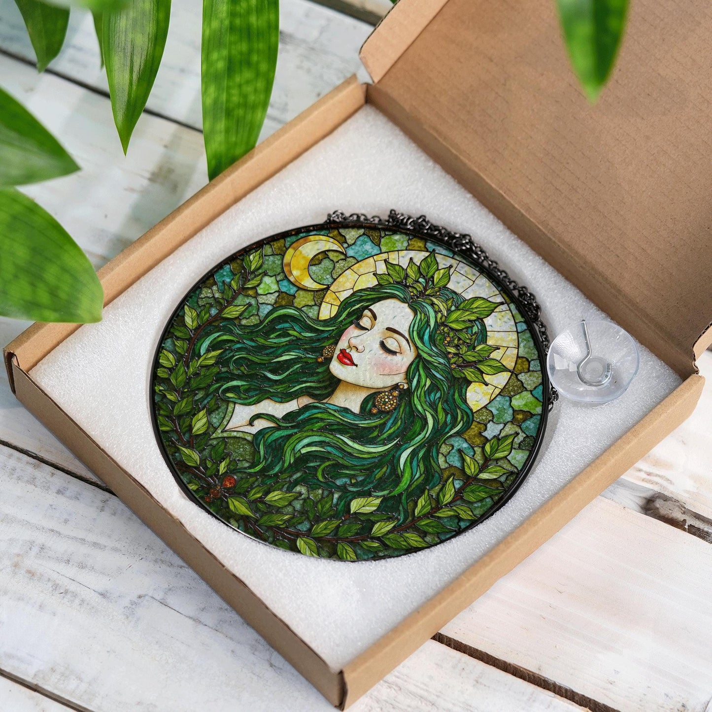 Green Leaf Goddess Suncatcher Stained Glass Forest Fairy Window Art Gift for Nature Lover Mom