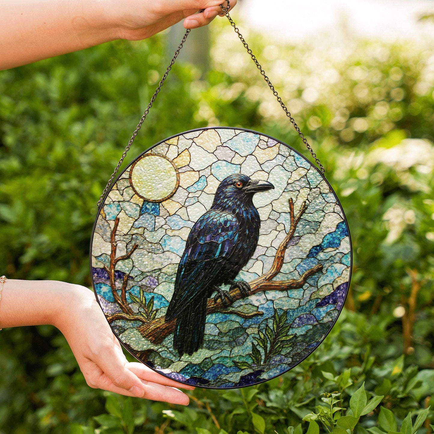 raven on branch in mosaic forest stained glass suncatcher gift for nature lovers