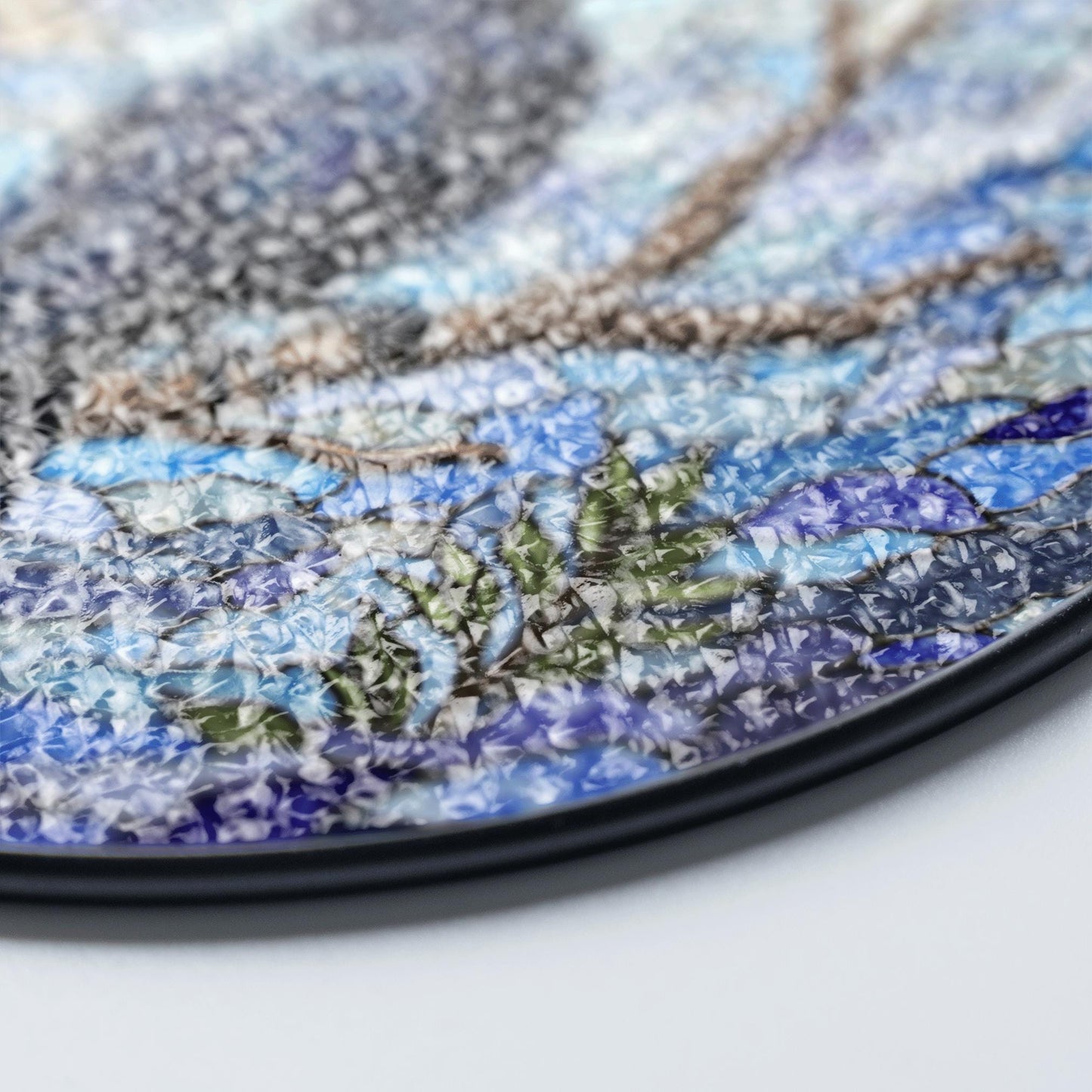 raven on branch in mosaic forest stained glass suncatcher gift for nature lovers