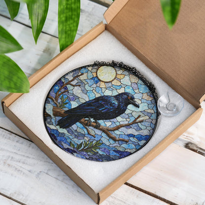 raven on branch in mosaic forest stained glass suncatcher gift for nature lovers